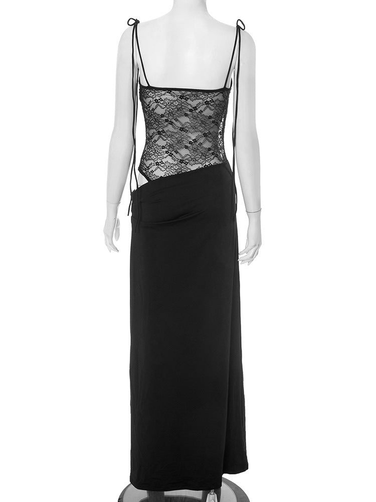 Strappy Lace-Panel Straight-Neck Column Maxi Dress 6