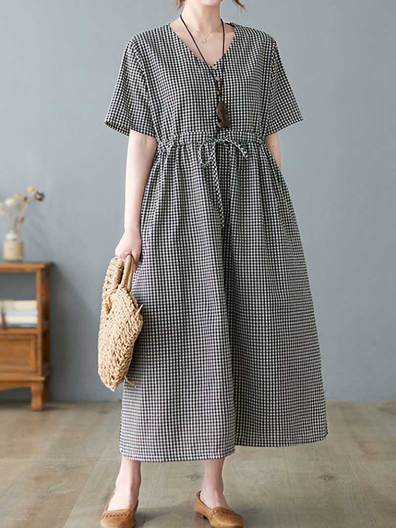 Hey Woman Small Plaid Cotton Smock Dress - Fashionpara