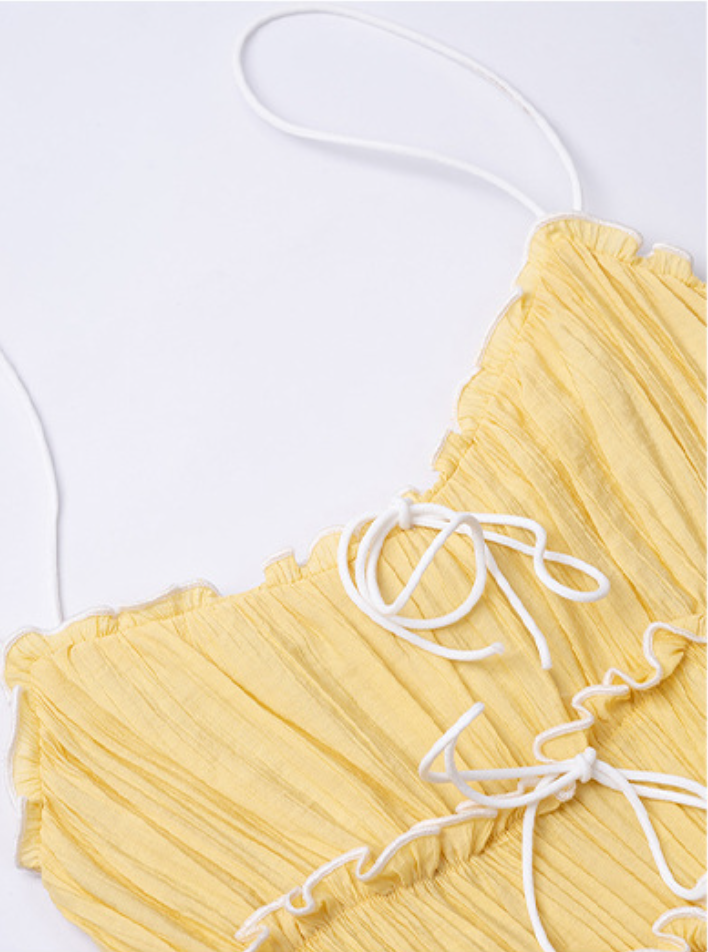 Square-Neck Tie-Front Shirred Tiered A-Line Midi Dress 6