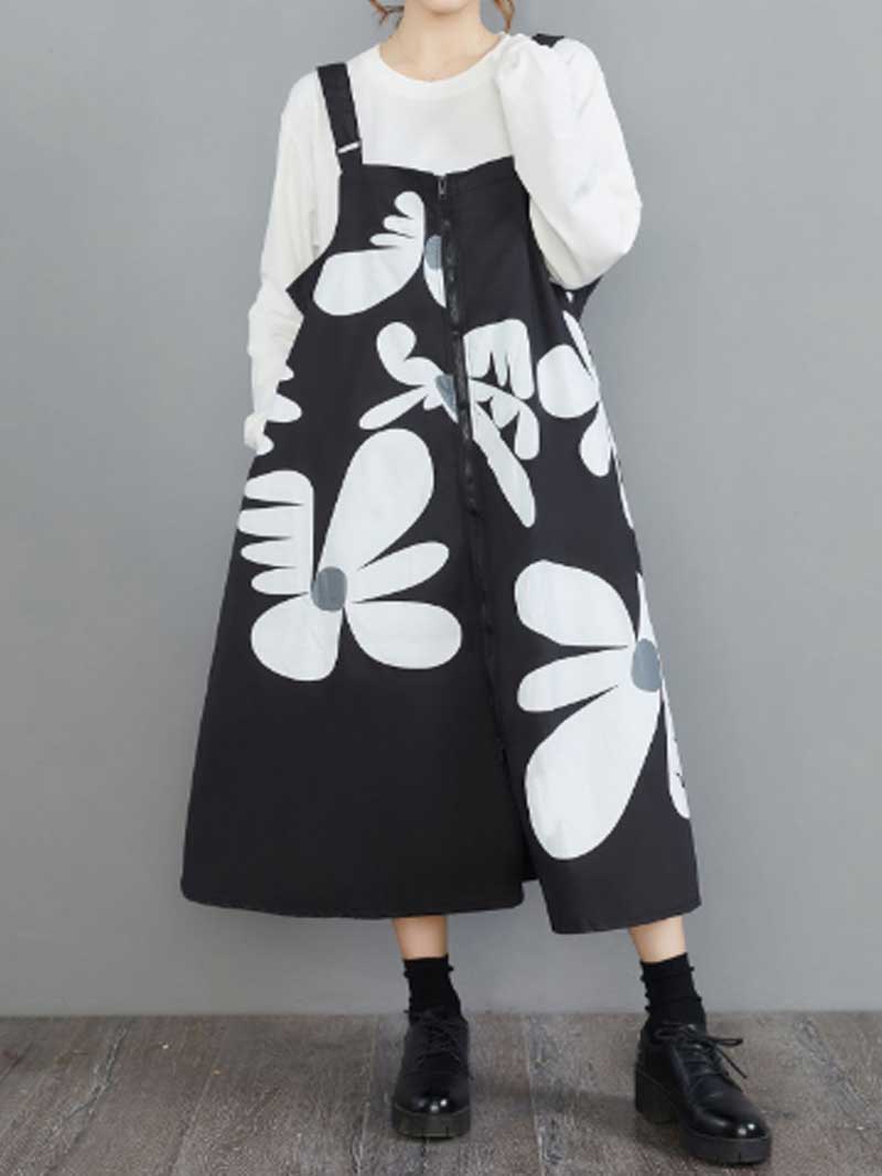 Floral Print Front Zip Pinafore Salopette Midi Dress 5