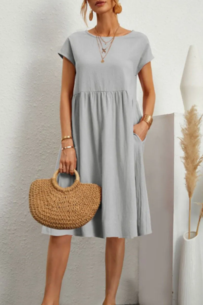 Linen Blend Print A-Line Short Sleeve Midi Dress - View 6