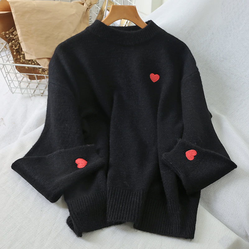 KittenAlarm - Little Heart Embroidery O-Neck Sweater