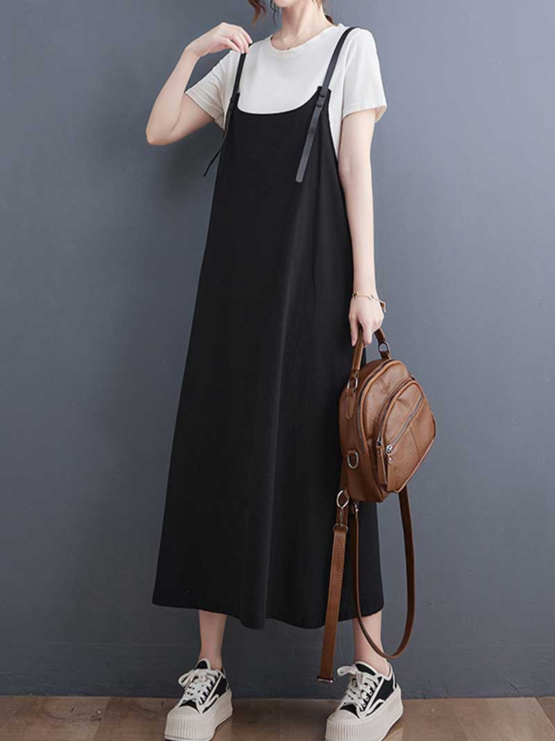 Plain Green Black Hemp Material Salopette Dress - Fashionpara