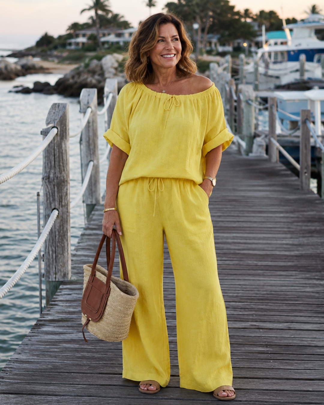 Off Shoulder Top and Wide Leg Pants Two Piece Set 8