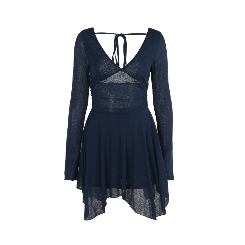 Knit Deep V-Neck Long Sleeve Flared Mini Dress 6