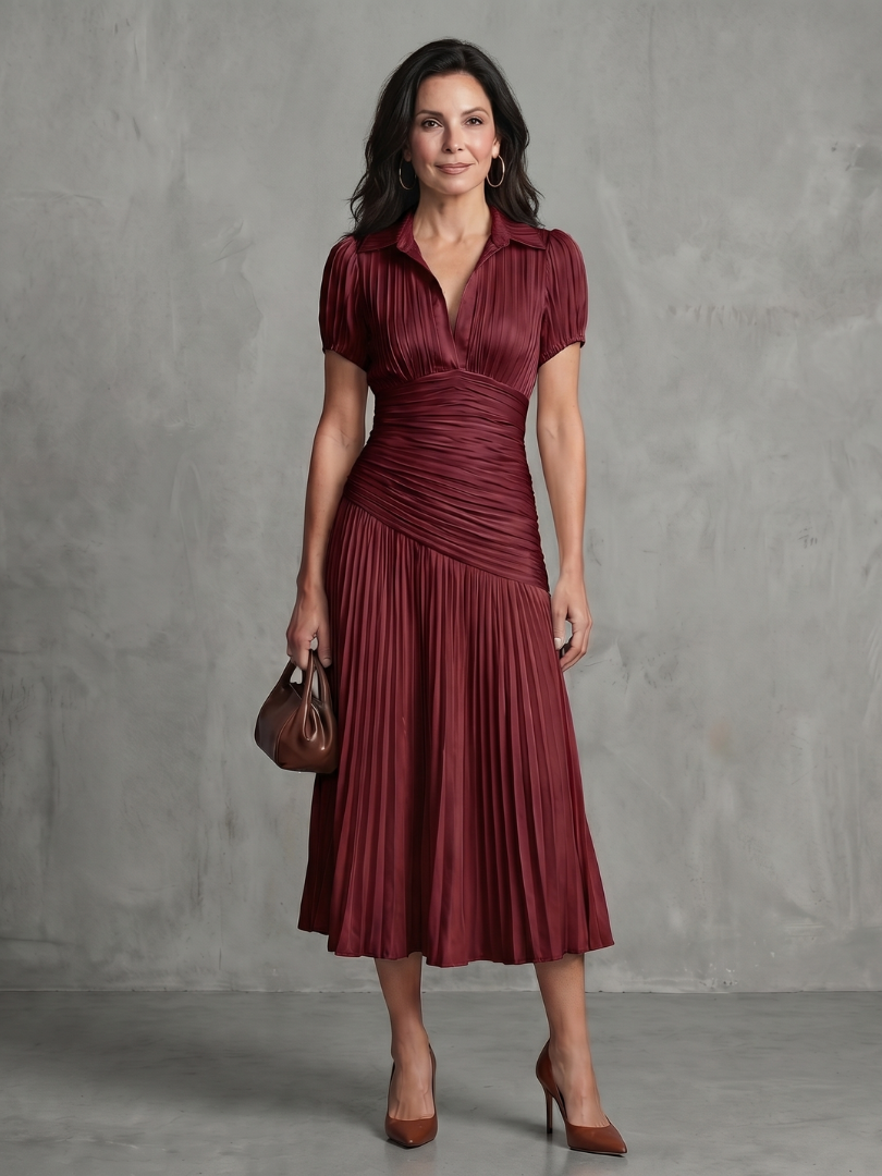 Striped Collared Puff Sleeve Pleated Midi Dress 6