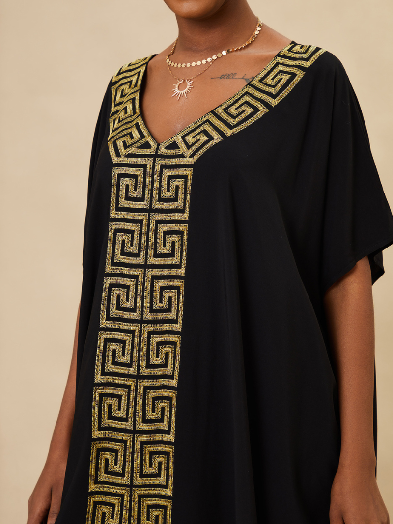 Greek-Key Embroidered V-Neck Short-Sleeve Kaftan Maxi Dress 5