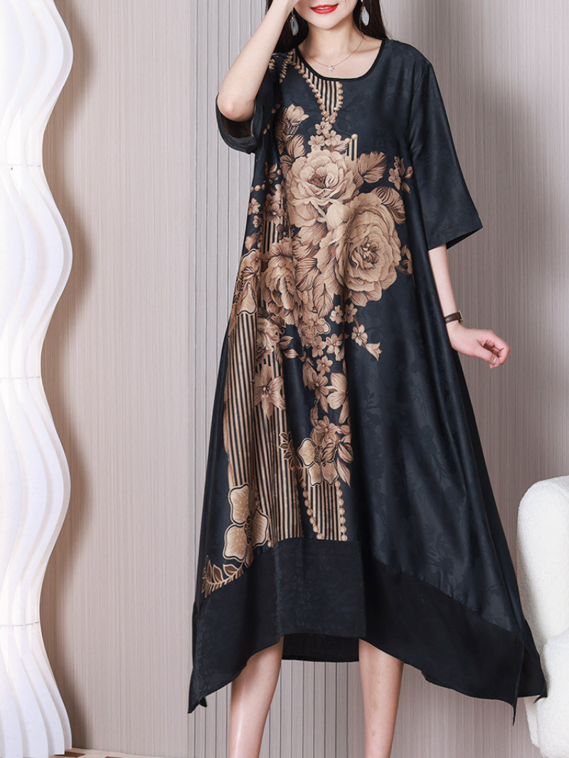 Floral Print Round Neck Contrast-Hem A-Line Midi Dress 4