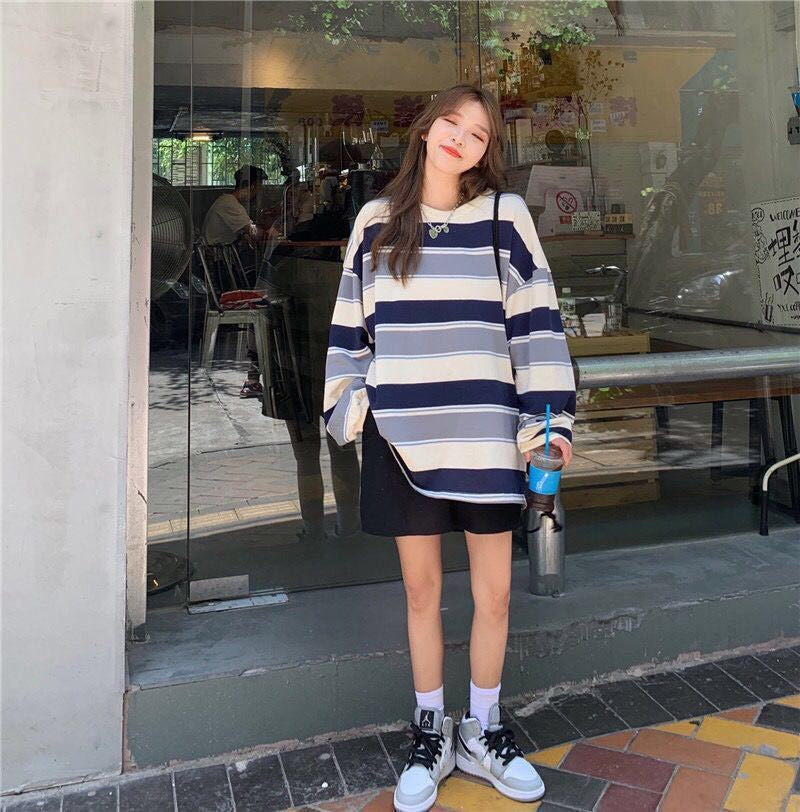 KittenAlarm - Long Sleeve Colors Striped Casual Sweatshirt