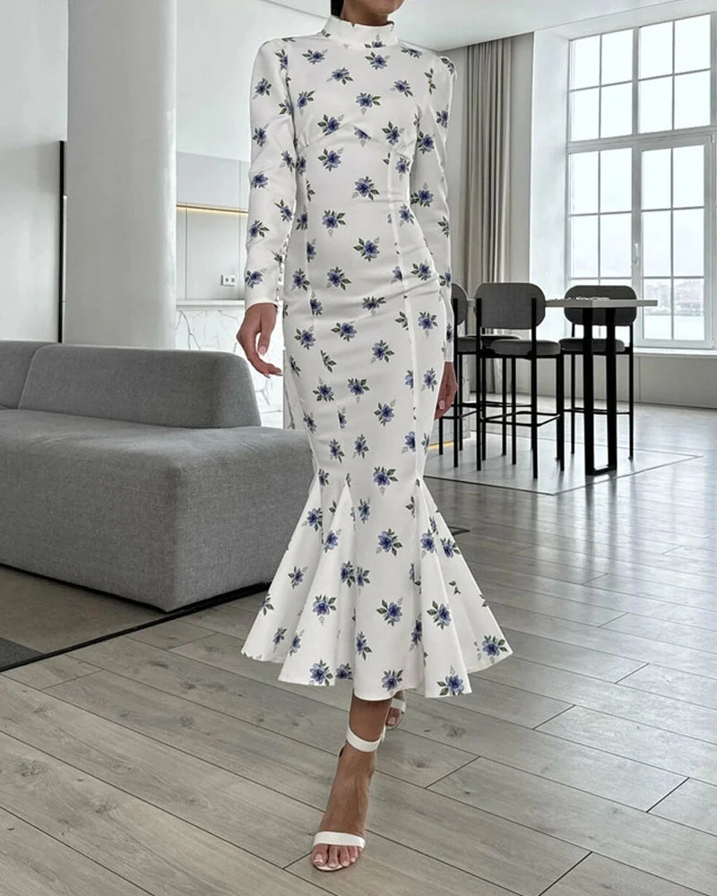 Elegant Half-Collar Floral Print Dress - Fashionpara