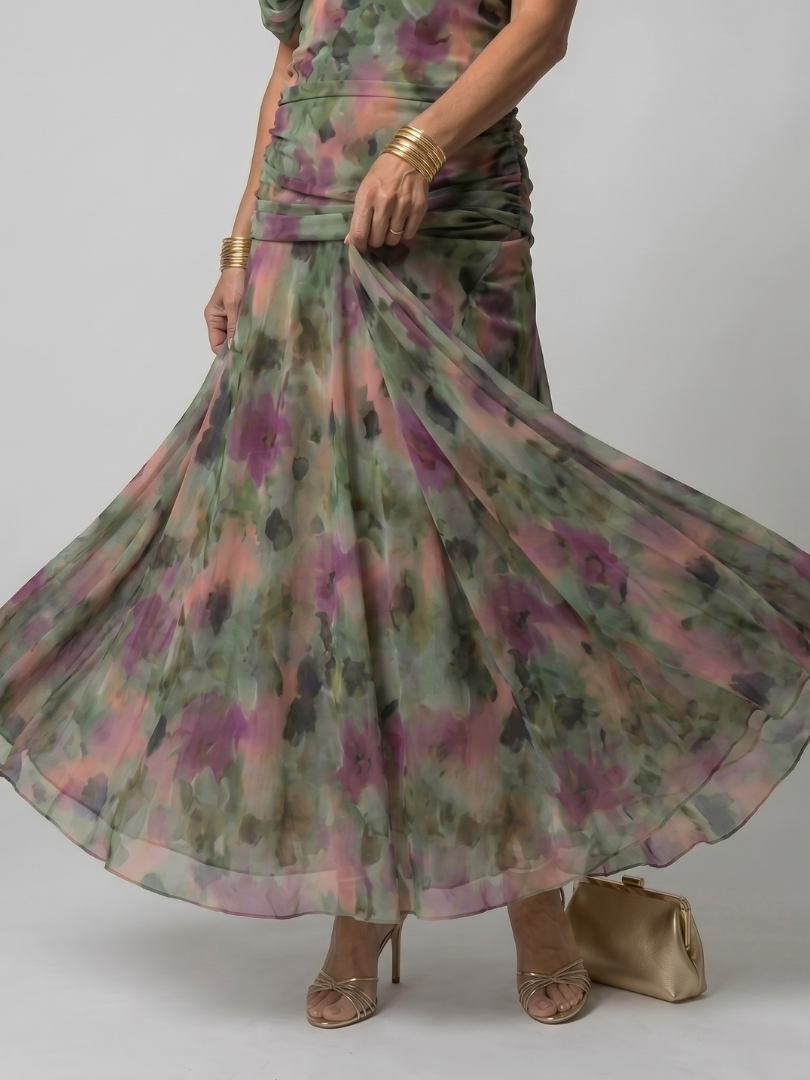 Floral Off Shoulder Ruched Chiffon Maxi Dress 8