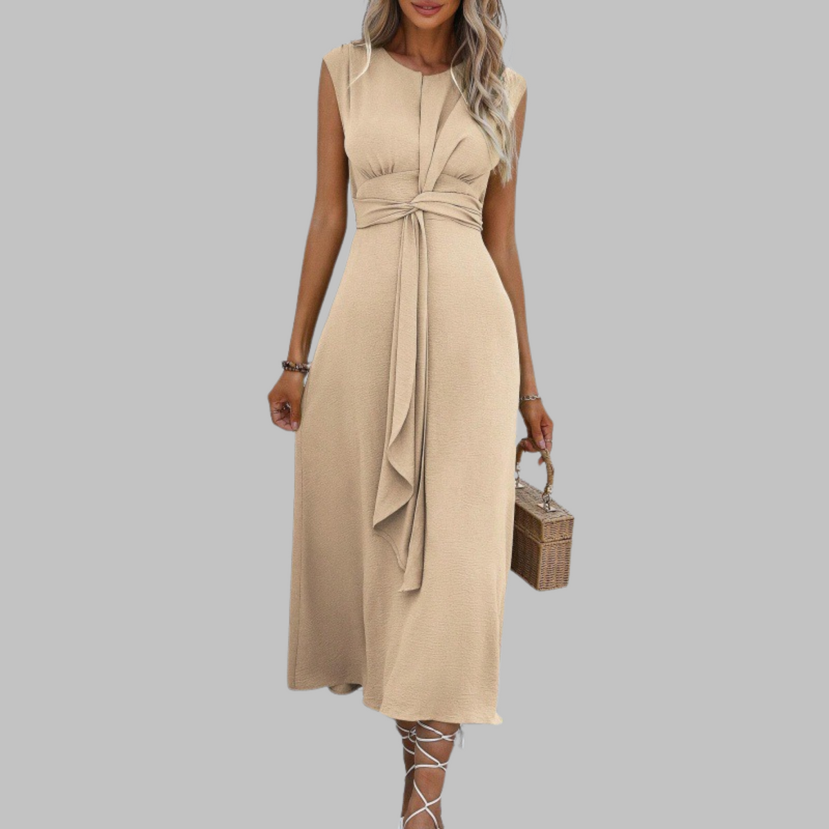 Round Neck Cap Sleeve Tie Waist A-Line Midi Dress 3