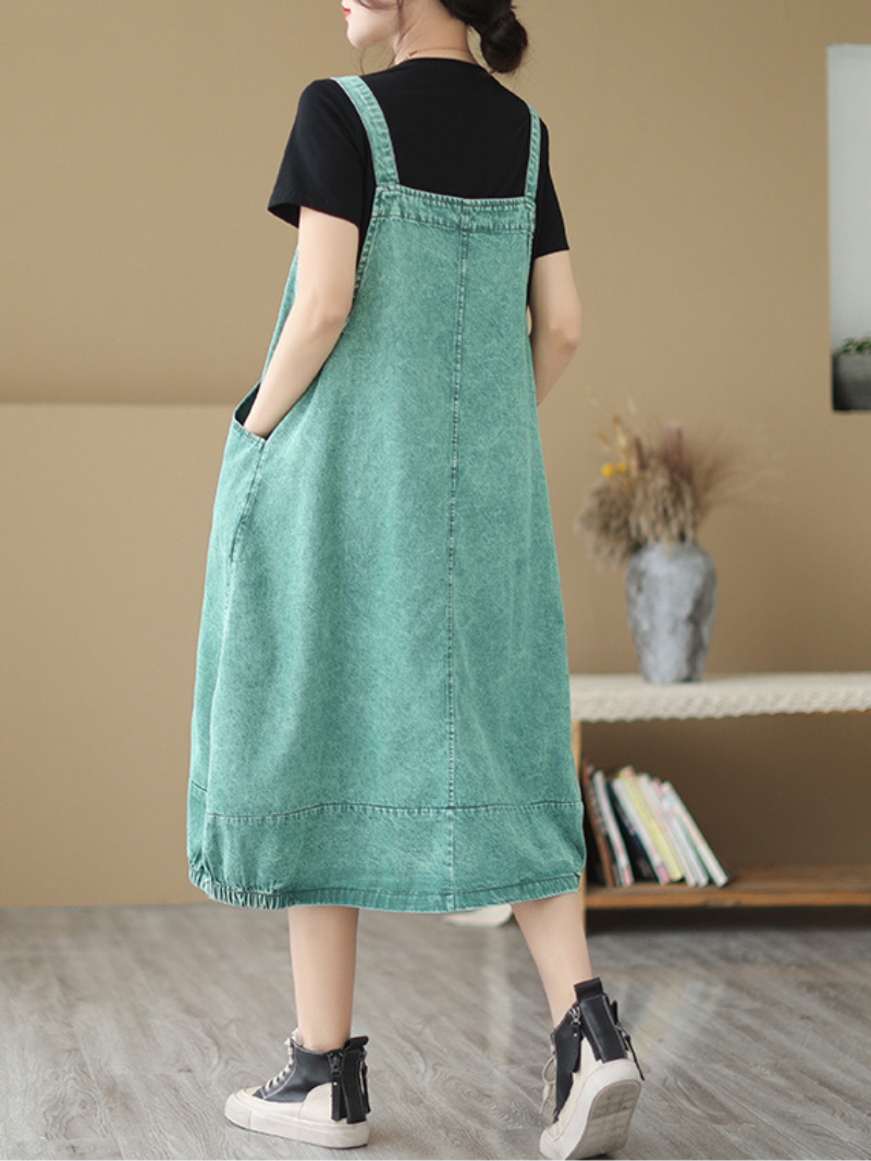 Denim Square Neck Sleeveless Pinafore Midi Dress 2