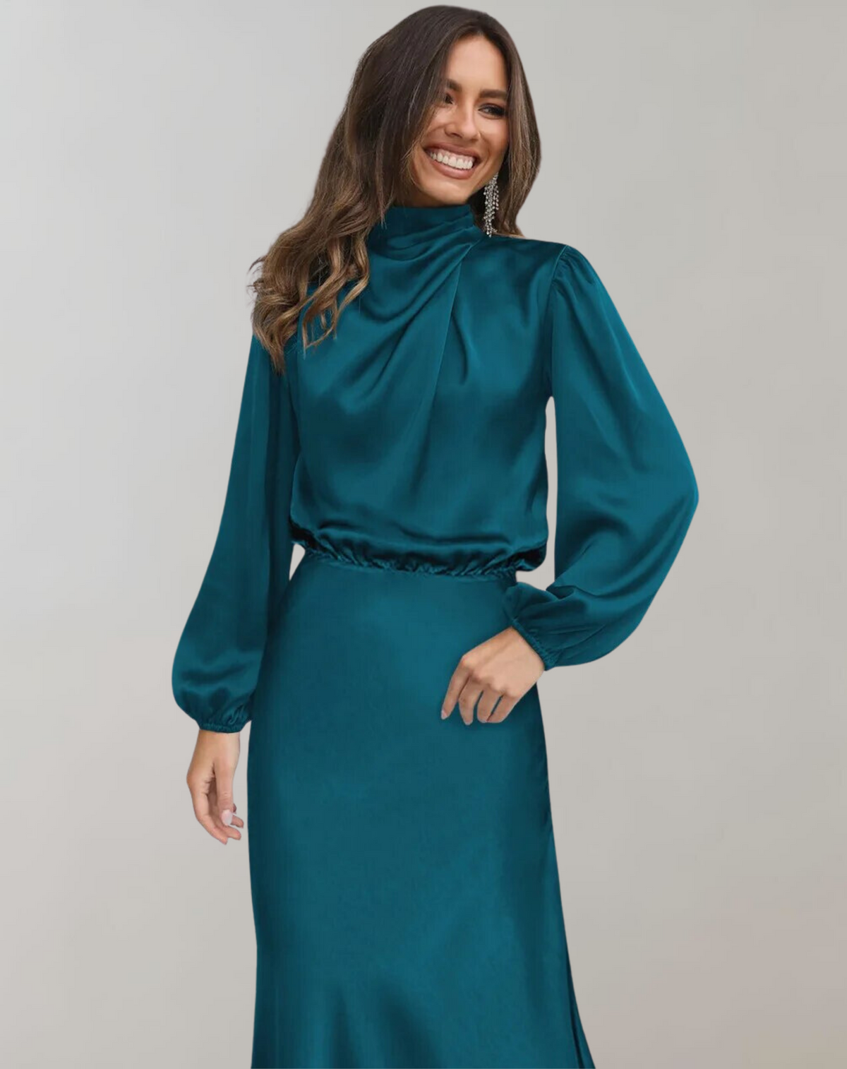 Satin Mock Neck Draped Bishop Sleeve Elastic Waist Midi Dress