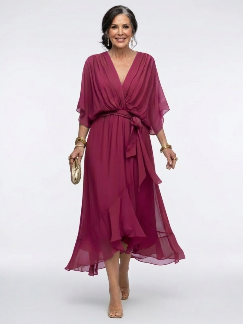 V-Neck Kimono Sleeve Waist Tie Ruffle Hem Midi Dress 3
