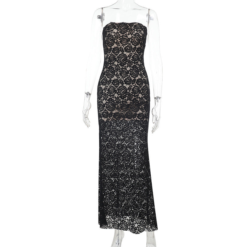 Strapless Floral Lace Bodycon Column Maxi Dress 6