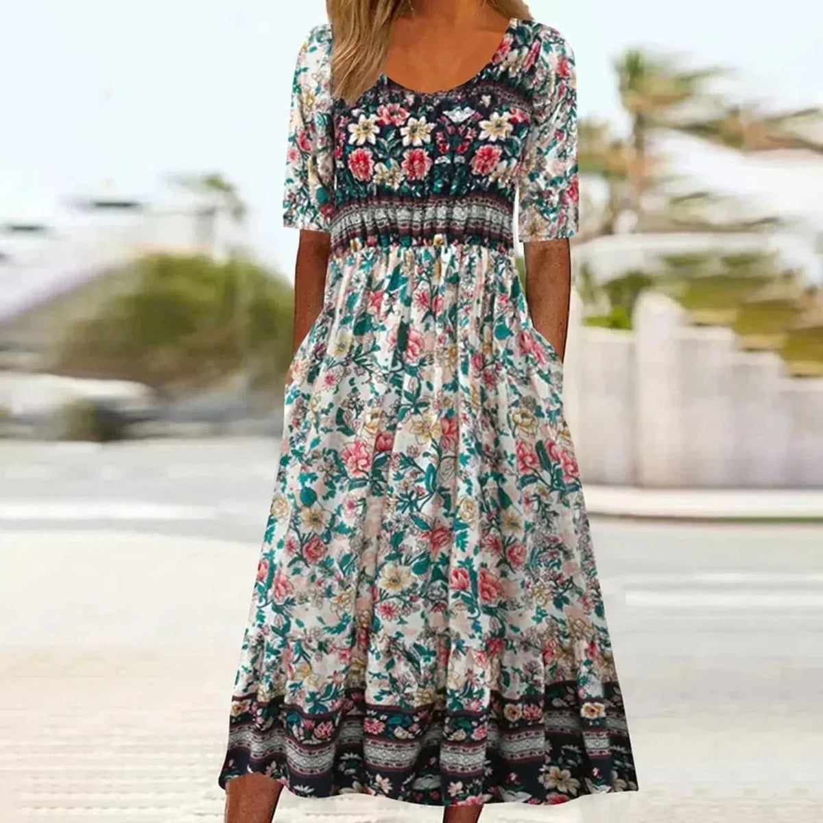 Boho Floral Square Neck Short Sleeve Tiered Midi Dress 16