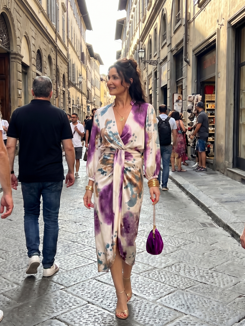 Watercolor Print V-Neck Long Sleeve Wrap Midi Dress 6