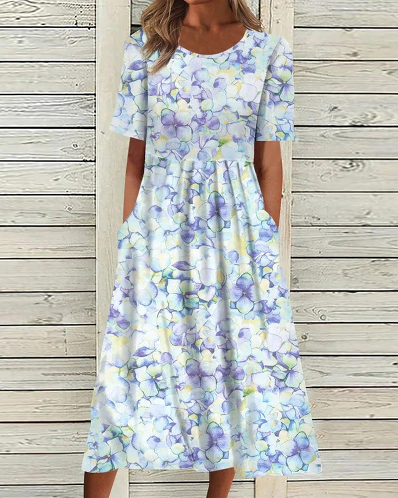 Floral Print Short Sleeve Round Neck Empire Waist Pocket Midi Dress - View 3