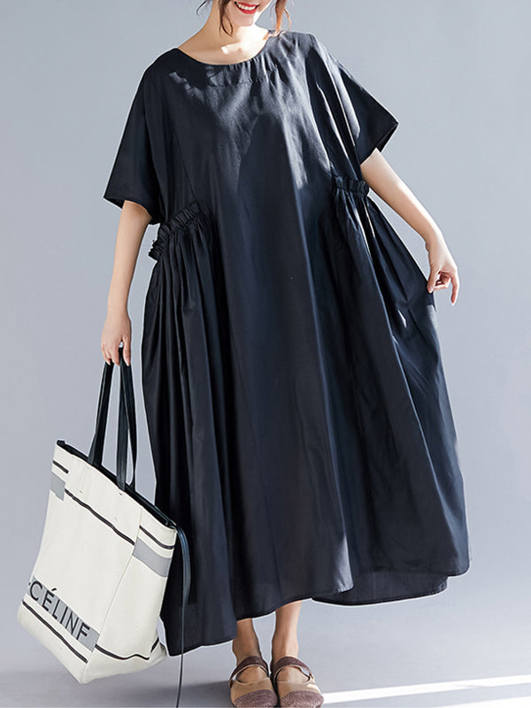 Cotton Round Neck Short Sleeve Ruched Pocket Cocoon Maxi Dress 5