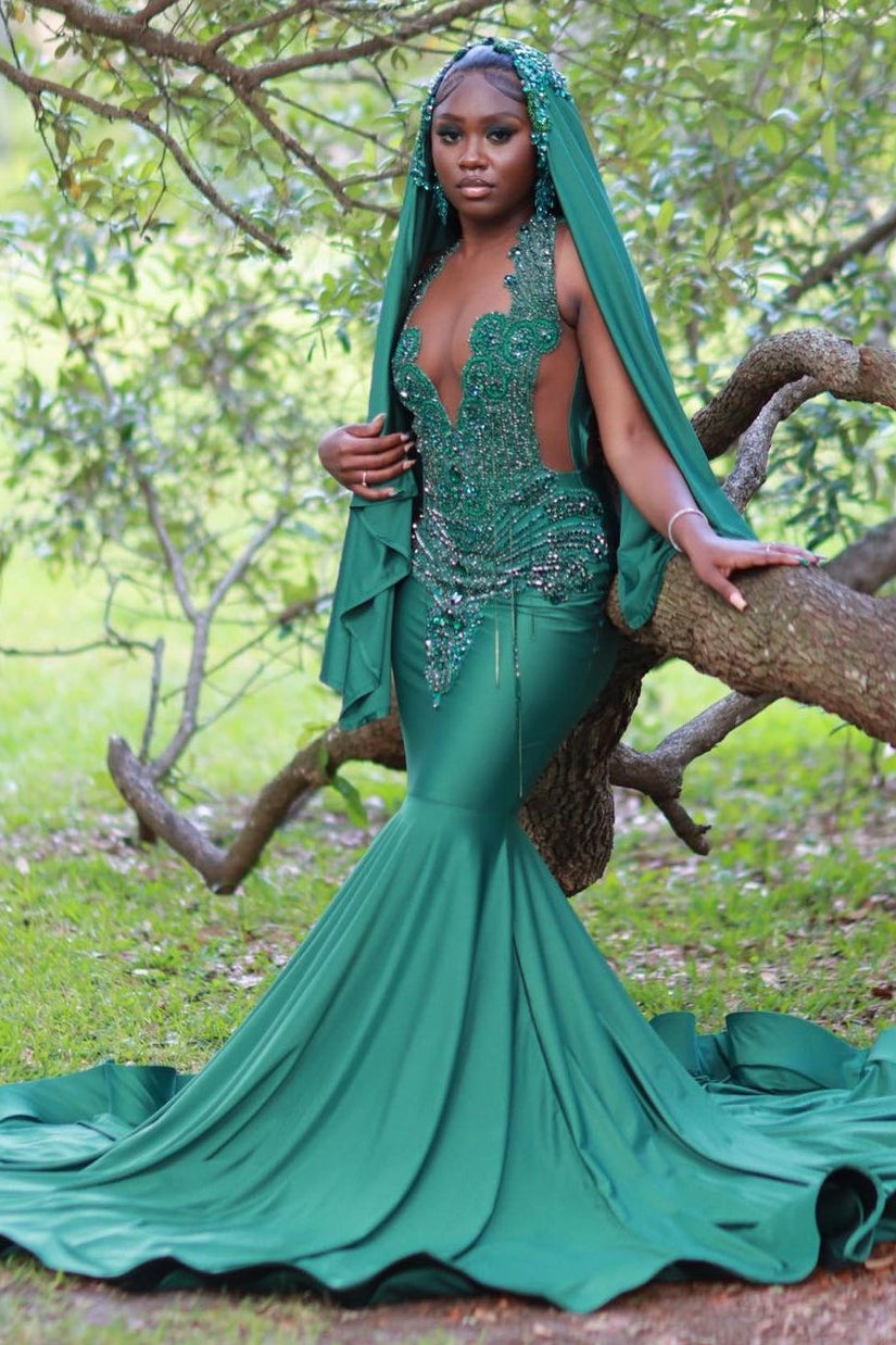 Fabulous Long V-Neck Mermaid Sleeveless Beading Sweep Train Prom Dresses - Fashionpara