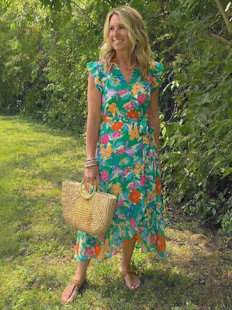 Floral Ruffle Sleeve Split Neck Tiered Maxi Dress 11
