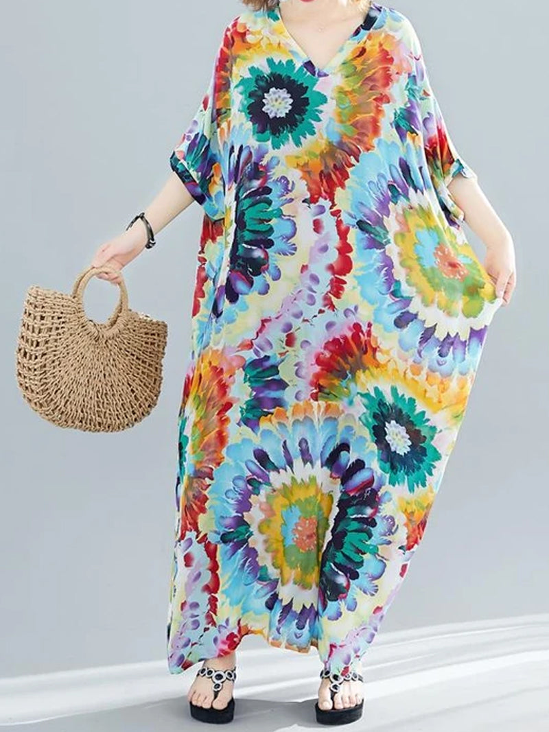 Feather Print V-Neck Batwing Kaftan Maxi Dress 6