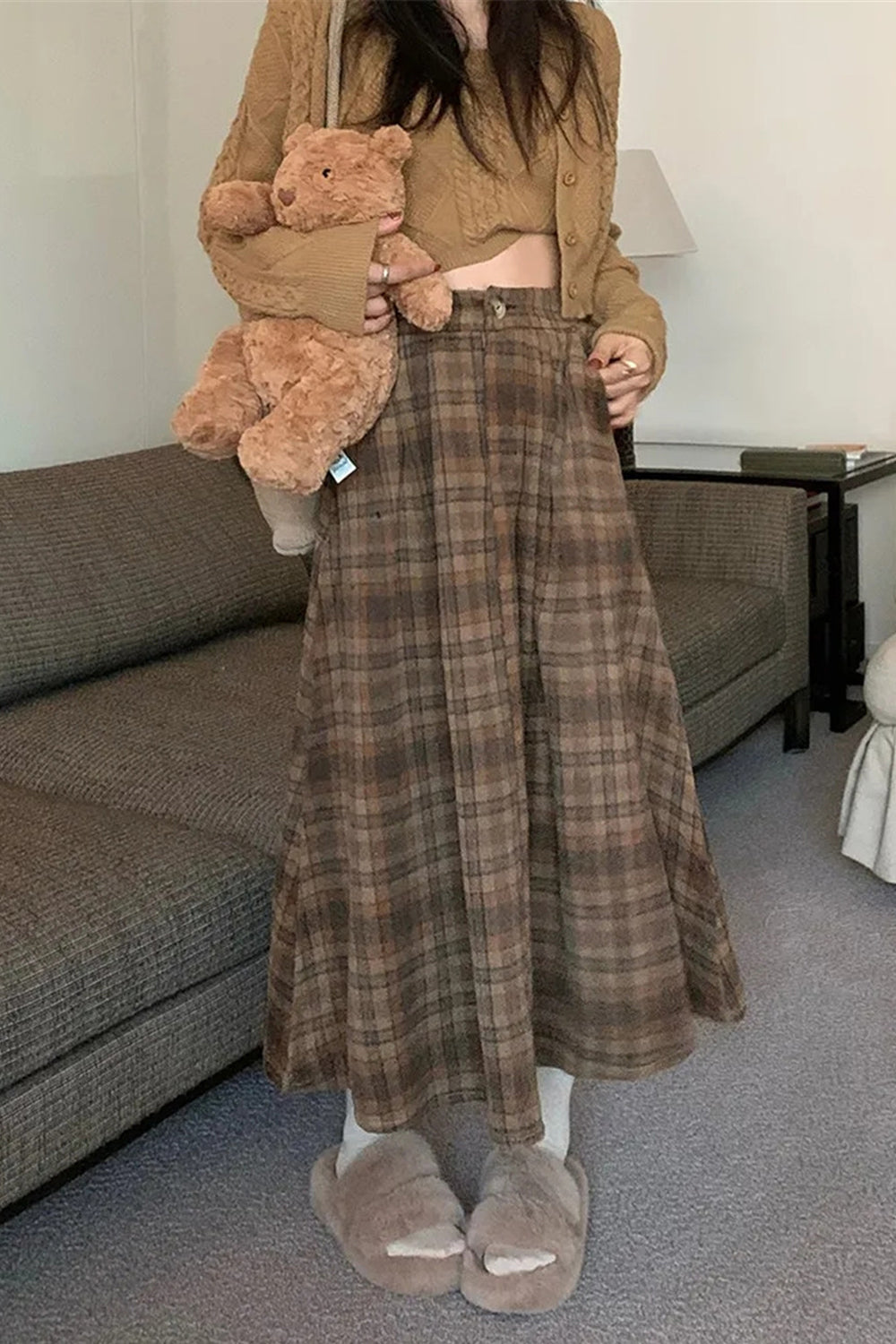 High Waist Thick A-Line Plaid Pleated Skirts - Fashionpara