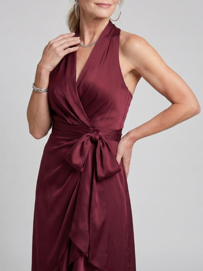 Satin Halter Neck Wrap Bow High Low Midi Dress 5
