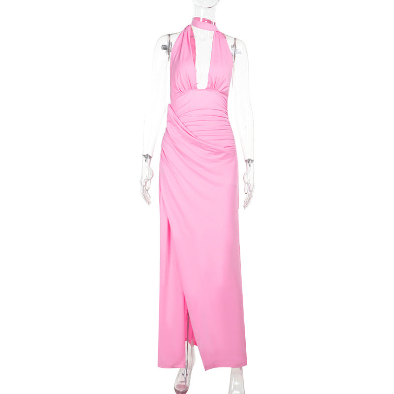 Deep V-Neck Halter Ruched High-Slit Maxi Dress 6