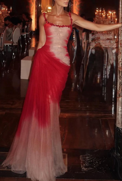 Pretty Spaghetti Straps Tulle Pleated Beaded Mermaid Prom Dress Formal Party Gown D1024