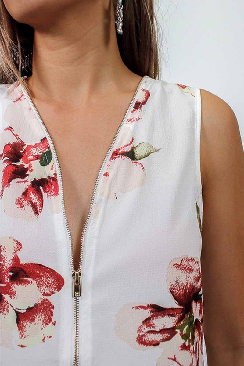 Florcoo Summer Fashion Zipper Design Floral Tank Top