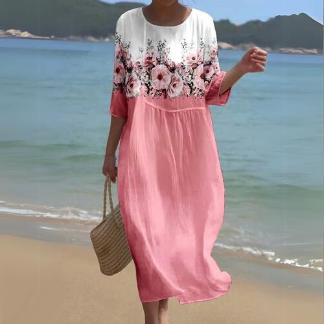 Floral Round Neck Half Sleeve Shift Summer Midi Dress - View 12
