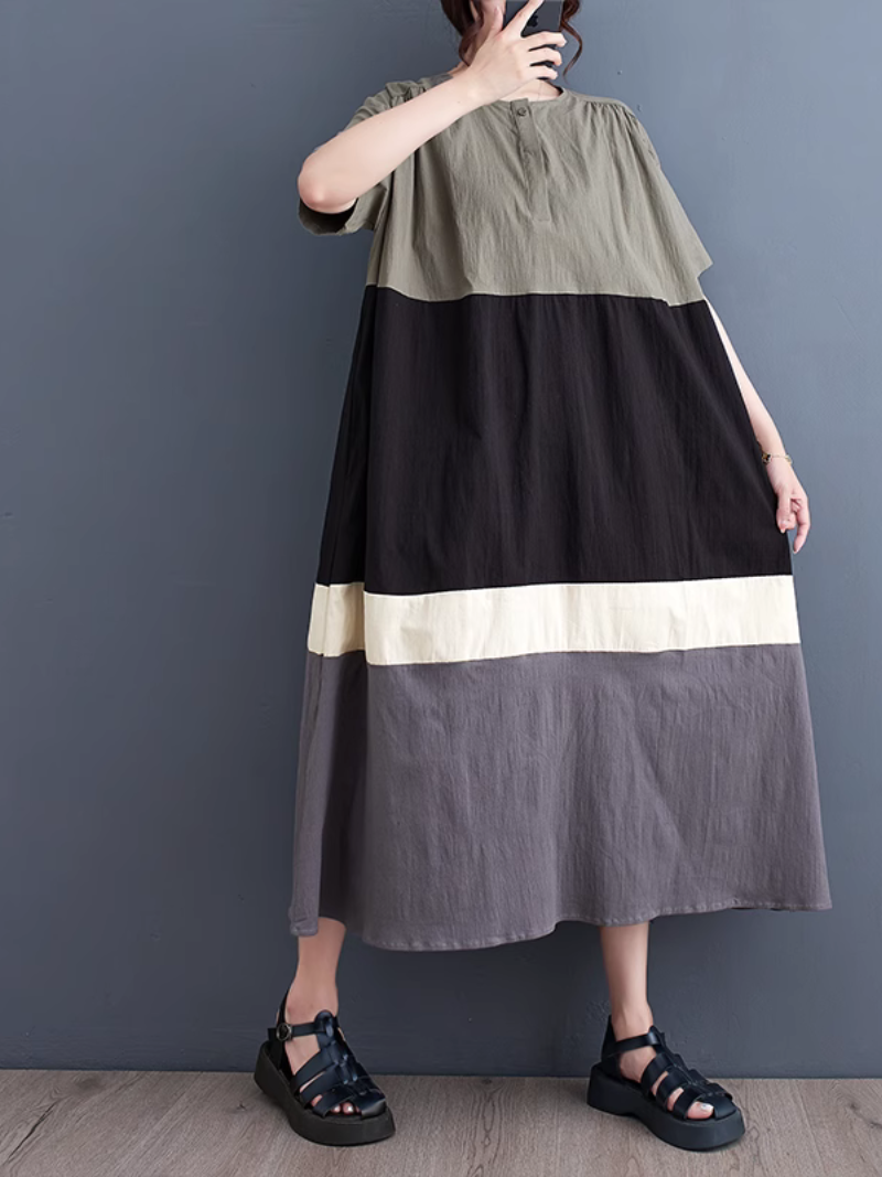 Colorblock Button Front Oversized Short Sleeve Midi Dress