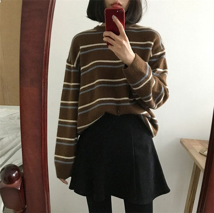 KittenAlarm - Loose O-Neck Knitted Striped Sweater