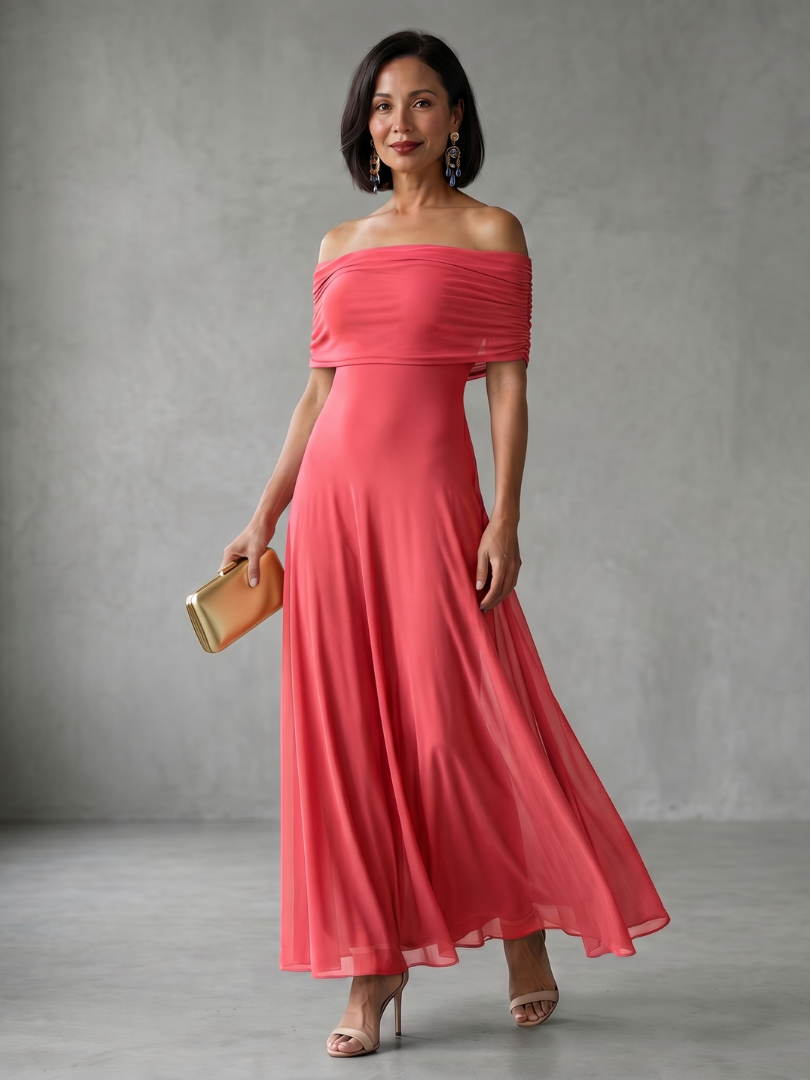 Off Shoulder Ruched Foldover A-Line Maxi Dress 5