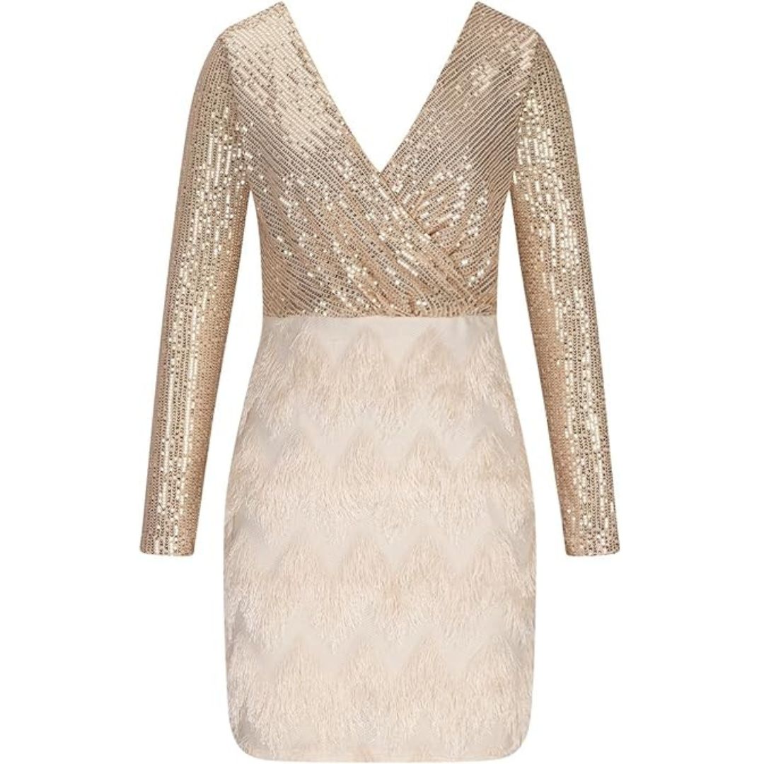 Sequin Deep V-Neck Wrap Long Sleeve Textured Skirt Mini Dress - View 4