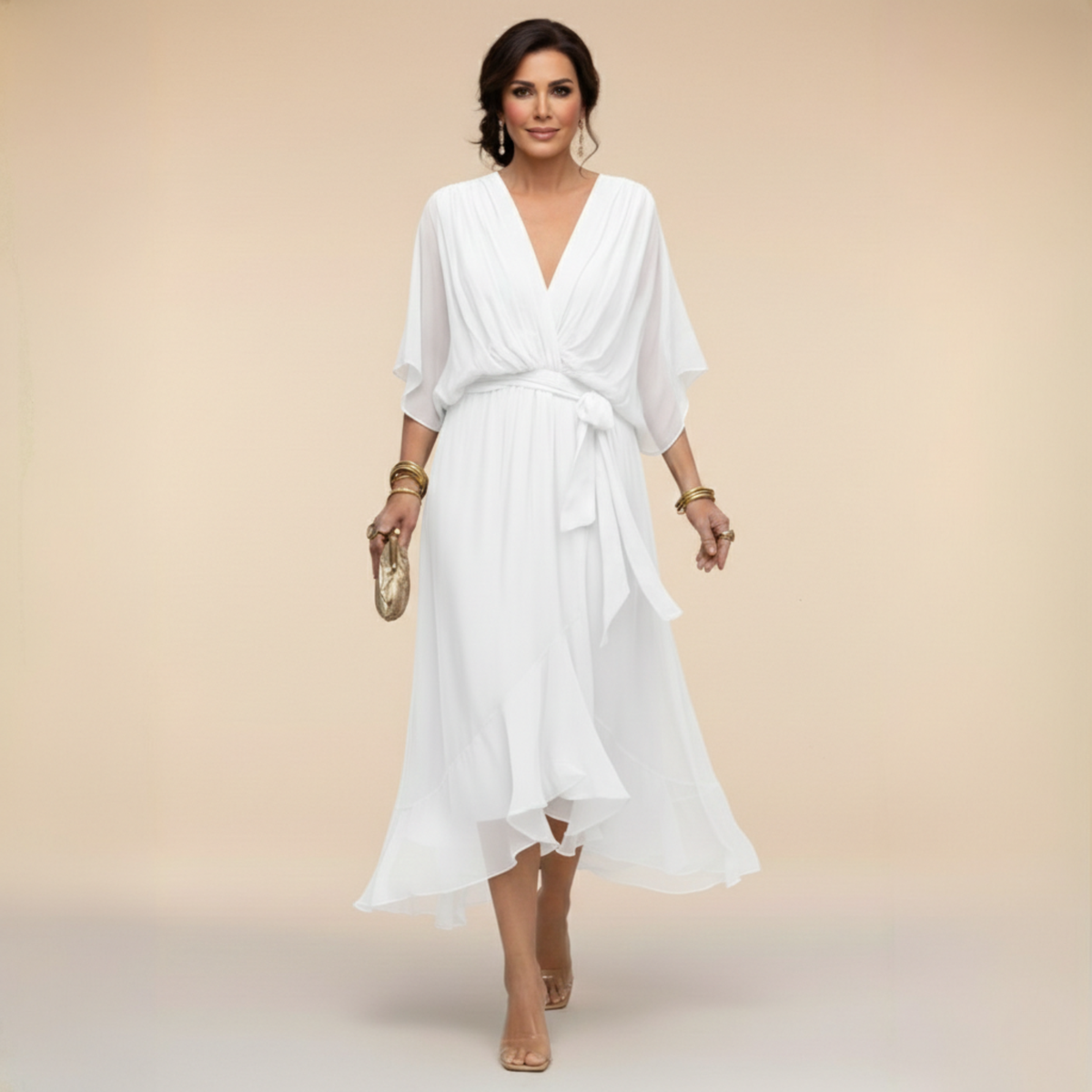 Deep V-Neck Flutter Sleeve Wrap Tie Ruffle Hem Chiffon Midi Dress 8