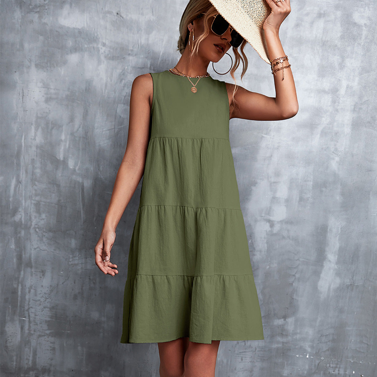 Round Neck Ruffled Sleeveless Mini Dress  Fashionpara