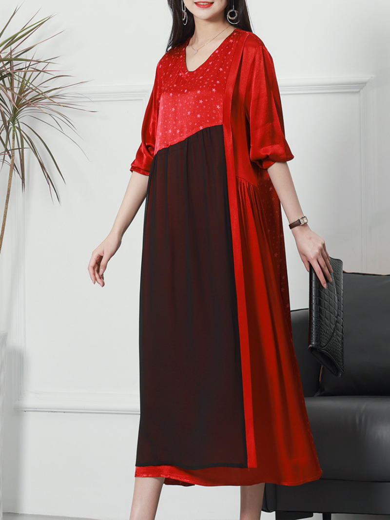 Star Print V-Neck Puff Sleeve Panelled Midi Dress 5