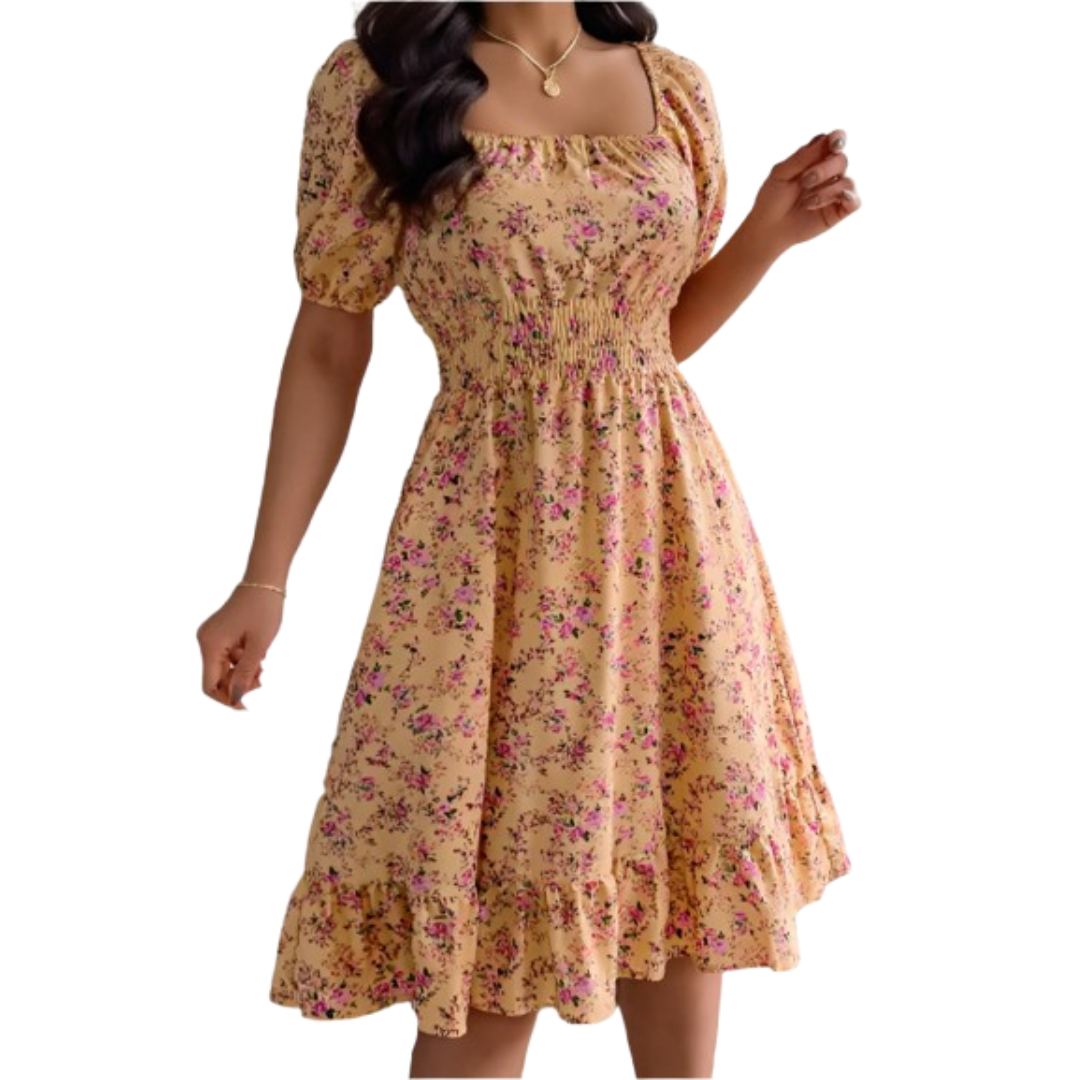 Floral Square Neck Puff Sleeve Smocked Midi Dress 6