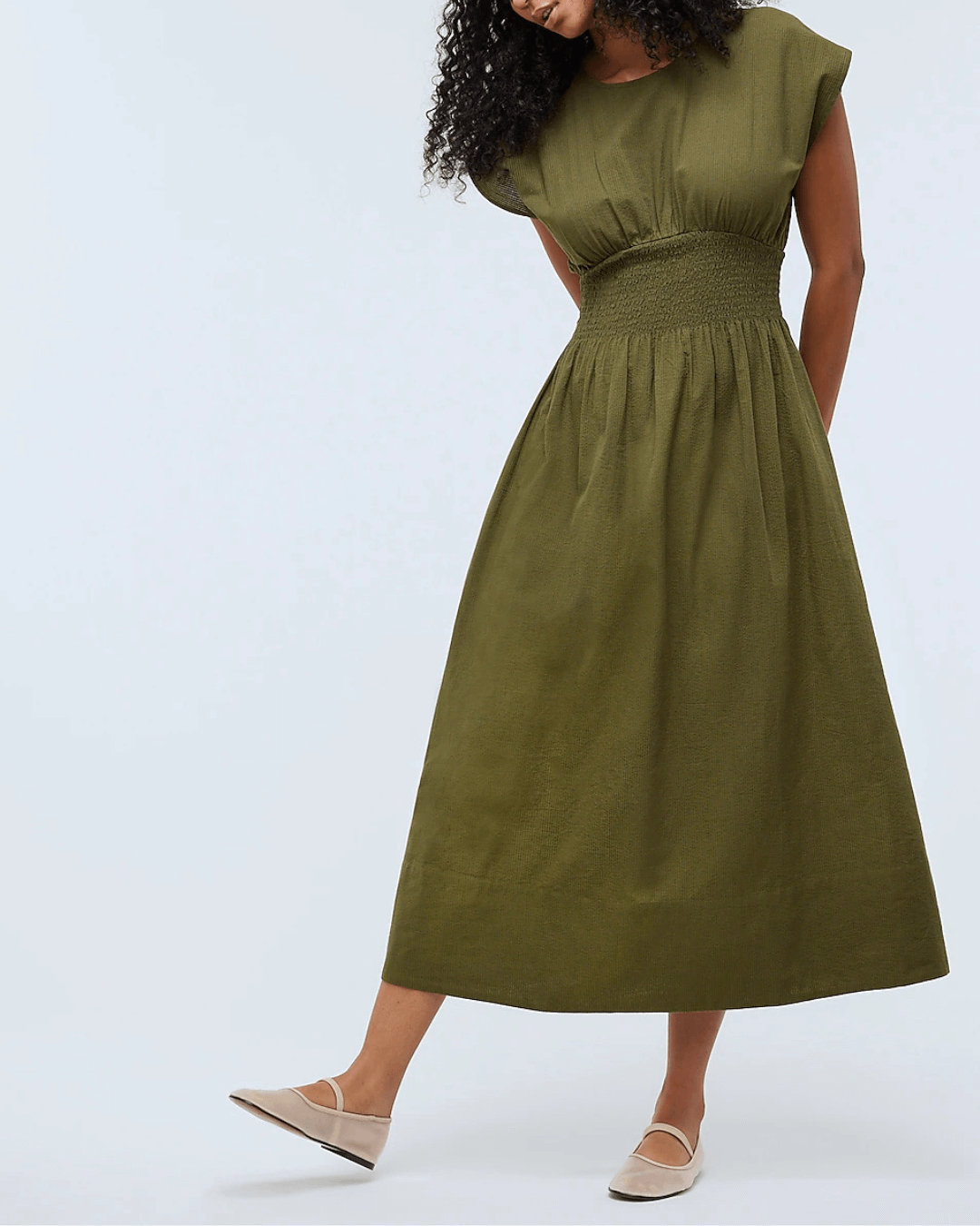 Smocked-Waist Midi Dress in Stripe Seersucker - Fashionpara