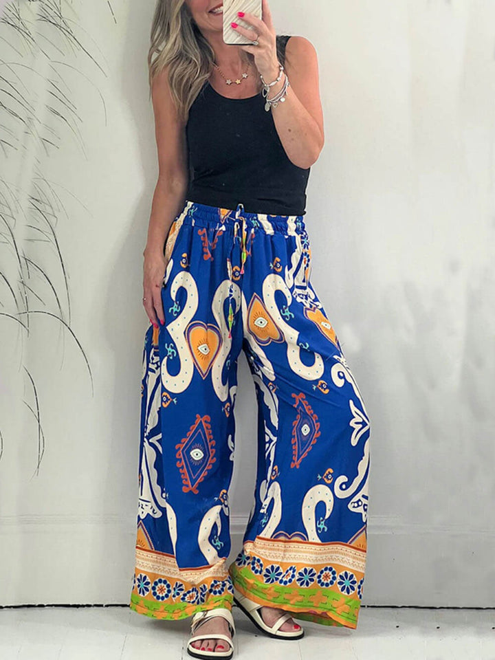 Printed Pocketed Drawstring Elastic Waist Pants - Fashionpara