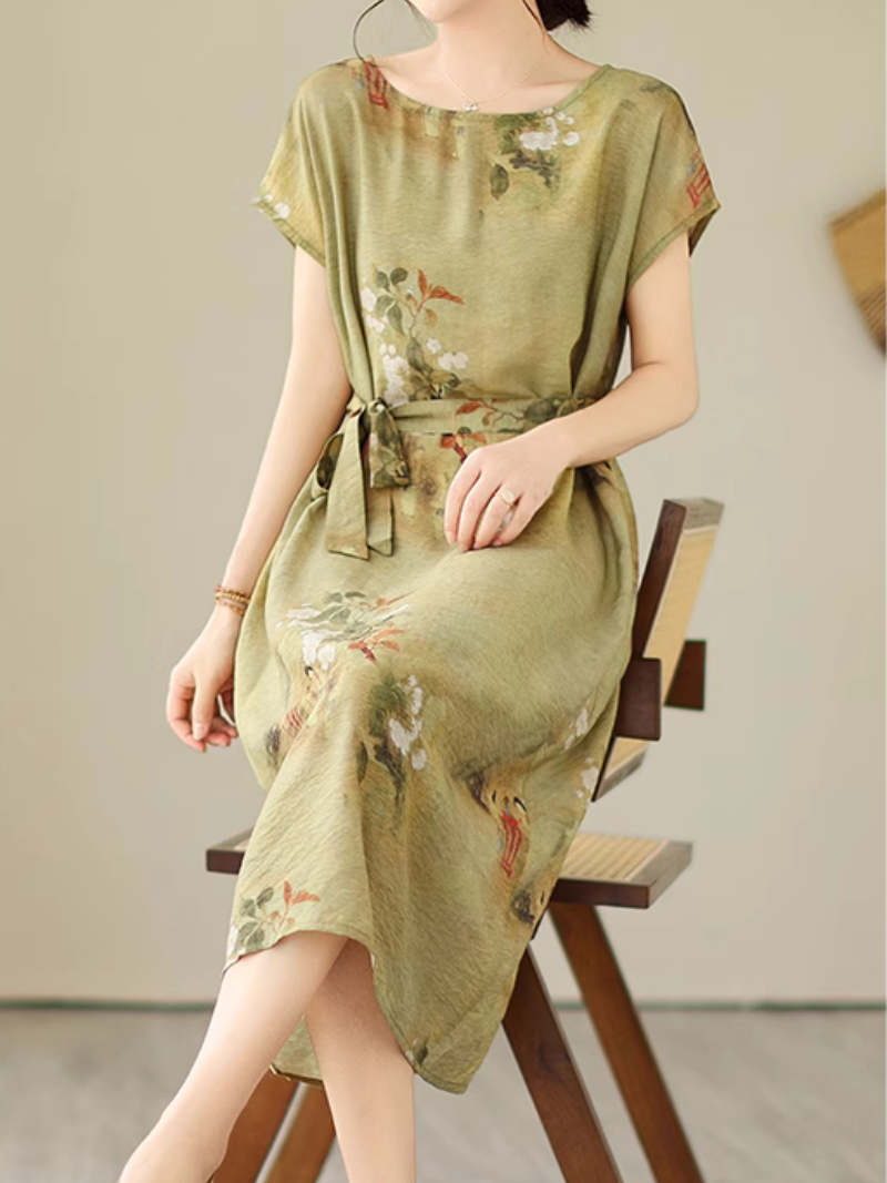 Floral Print Boat Neck Short Sleeve Tie-Waist Midi Dress 5