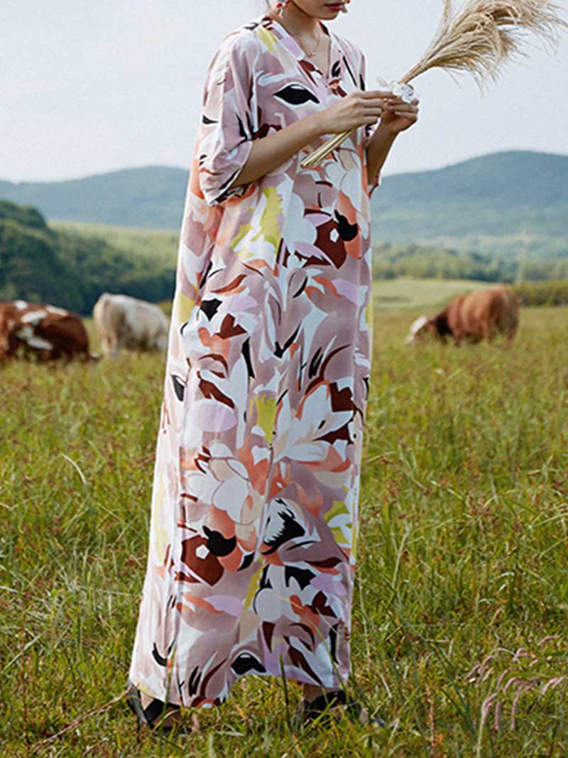 Abstract Floral Print Half Sleeve Kaftan Maxi Dress 3