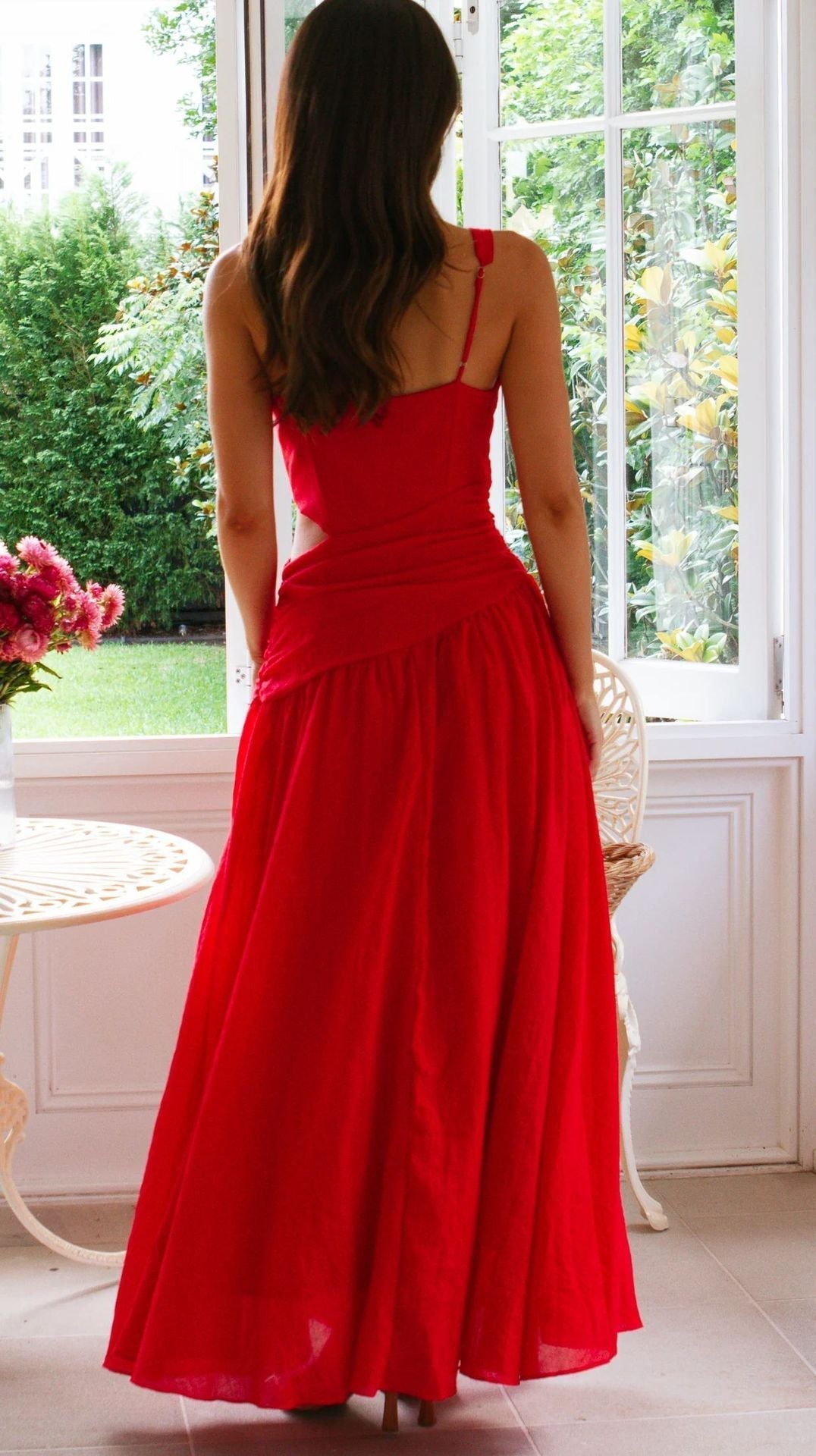 V-Neck Side-Cutout Crossover Waist Flowy Maxi Dress 6