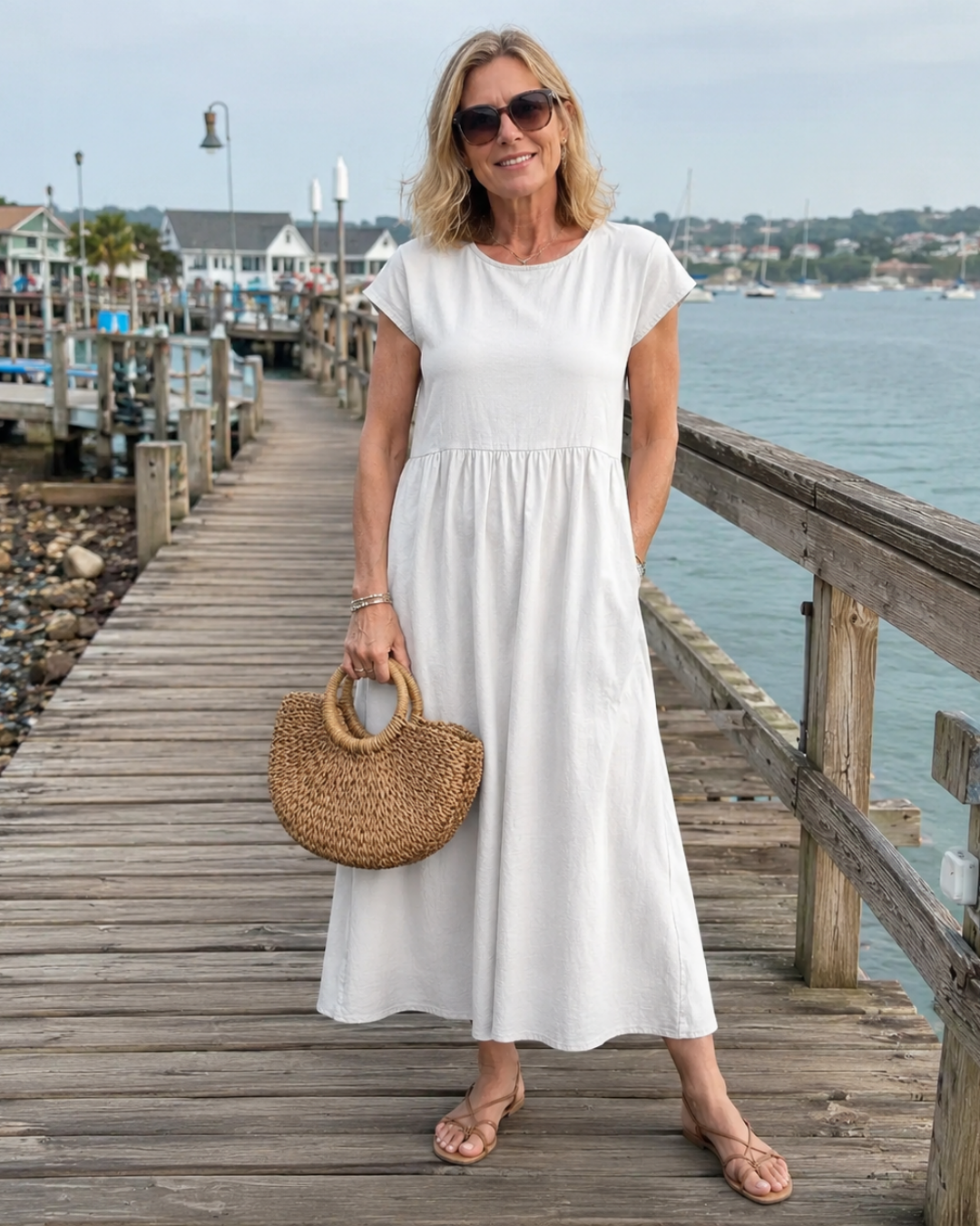 Round Neck Cap Sleeve Babydoll Midi Dress