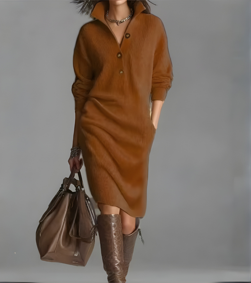 Button Placket Collared Long Sleeve Ribbed Knit Midi Dress 6