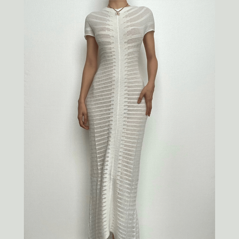 Short Sleeve Open Knit Pointelle Striped Bodycon Maxi Dress