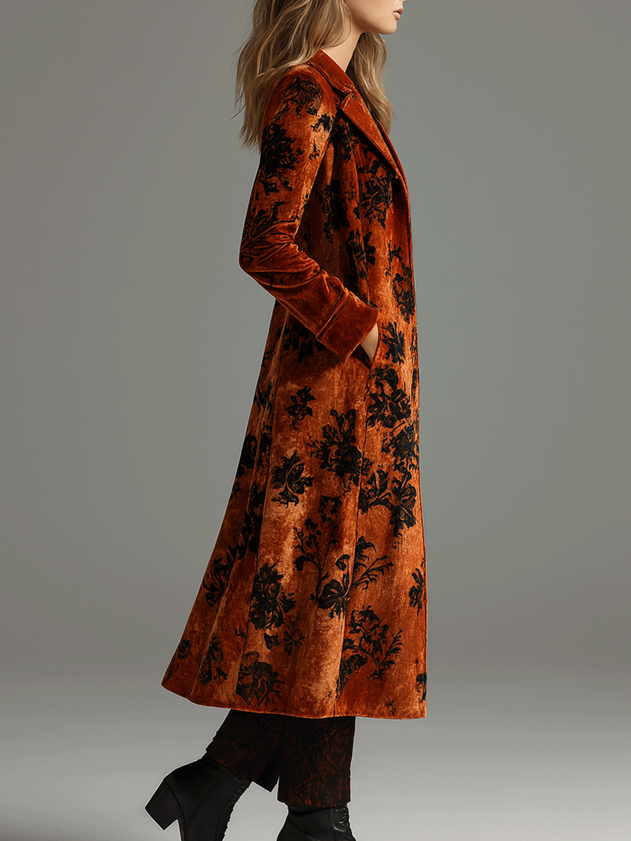 Vintage Burnt Orange Velvet Floral Maxi Coat - Fashionpara